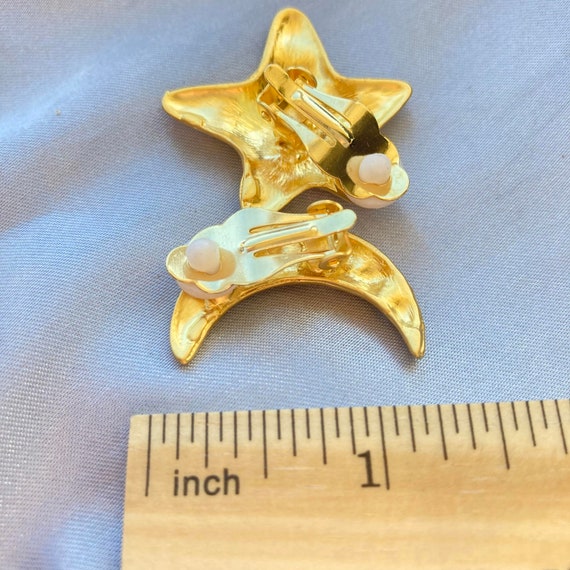 Wow! 80s Moon Star Earrings rhinestone Gold tone … - image 3