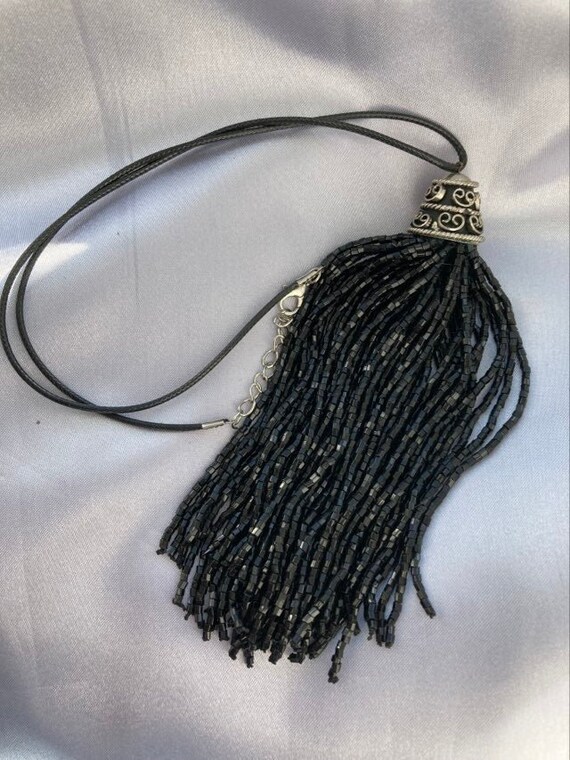 Wow Amazing Vtg Glass Bead Black Tassel Leather C… - image 3