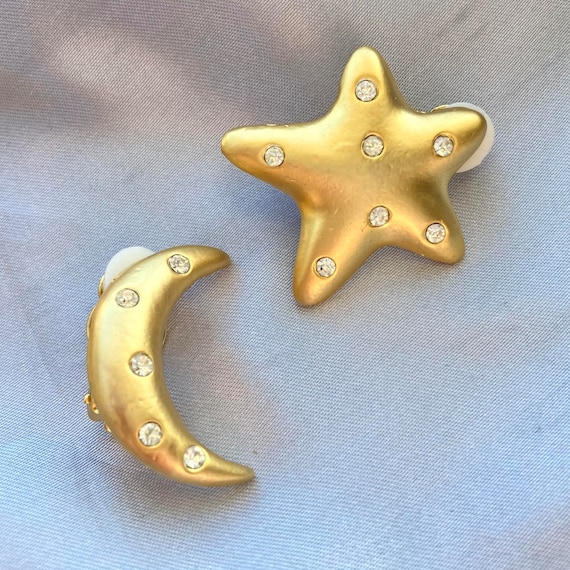 Wow! 80s Moon Star Earrings rhinestone Gold tone … - image 1