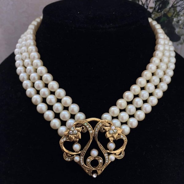 Stunning! Richelieu Faux Pearl Necklace Art Nouveau Crystal Rhinestone Bridal wedding jewelry Couture Vintage RUNWAY PENDANT RARE!