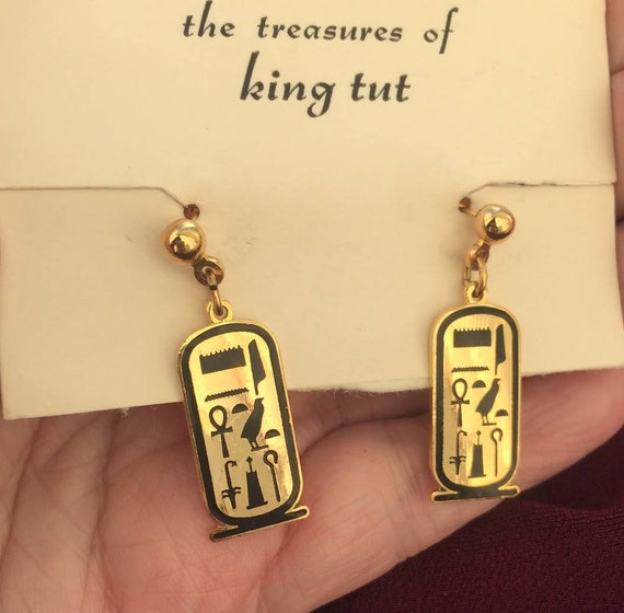 NOS 1970s Egyptian Revival hieroglyphics Earrings… - image 1