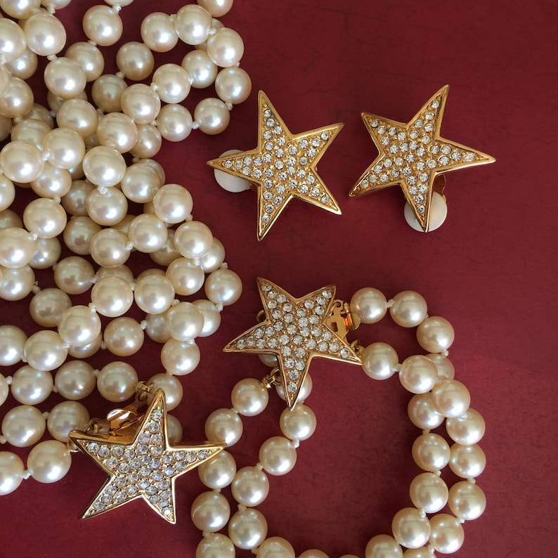 VTG Joan Rivers Star Pearl Necklace earrings bracelet set long image 1
