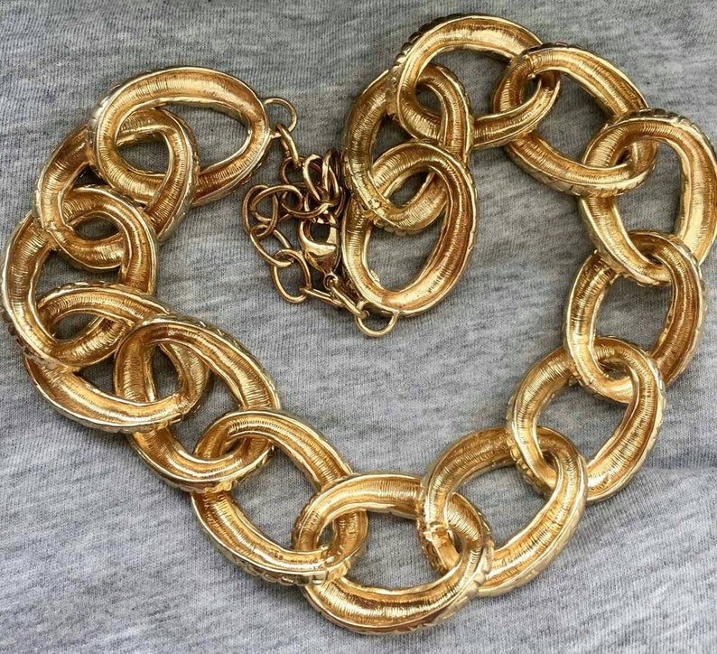 Wow Larg Graziano Necklace chunky Signed basket weave chain link design Choker Collar statement Gilt gold tone 80s Vintage Designer Couture