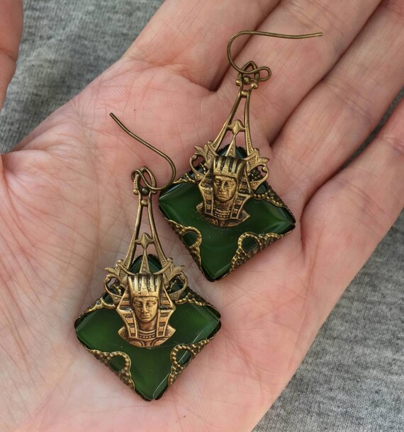 Unique! Green Crystal Pharaoh King Tut Earrings p… - image 2