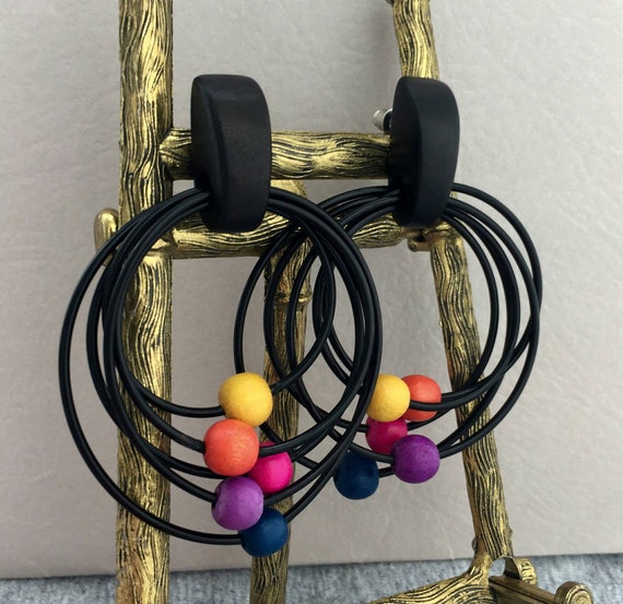 Fun! Black colorful ball hoop Earrings pierced Bo… - image 1