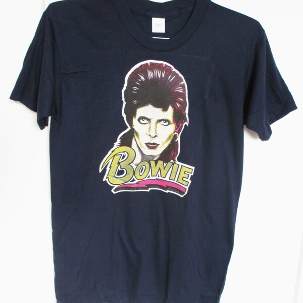 David Bowie tee T Shirt Ziggy Stardust Original Vintage 1970s 70's Iron On Decal Navy Blue Size L Large vintage Lee 42 44 t-shirts tshirts