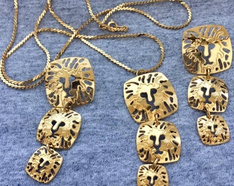 Schick! Anne Klein Cutout Lion Halskette Ohrringe Set modernist Gold Ton durchbohrt Vintage Designer Runway Couture Statement Rare