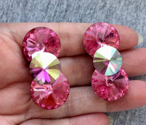 Wow Wendy Gell pink Crystal Earrings Signed chunk… - image 3