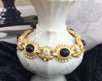 Chic! Large Etruscan Black cab rhinestone cabochon Bracelet 1980s USA  matte gold tone statement Roman Style modernist Rare!