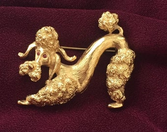 Cute Vintage Monet Designer French Poodle Dog Brooch Gold tone signed Animal red cabochon Crystal eyes scarf hat Pin Figural Jewelry Rare