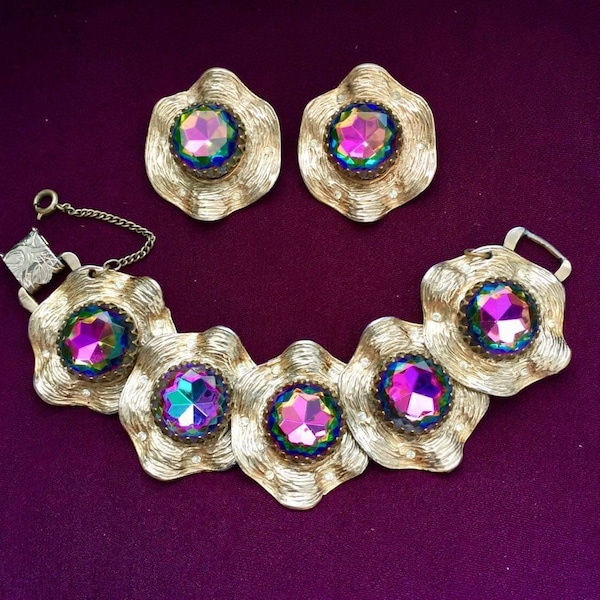 Wow! Vintage Judy Lee Watermelon Rhinestone Bracelet earrings set  Gold Tone Bold Crystal Designer Couture Runway Statement Signed Chunky RA