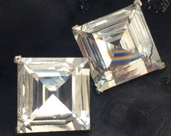 RARE! KJL Kenneth Jay Lane Earrings Couture Collection Massive Crystal Glass Princess Cut Clip-on Designer 70s Statement Runway chunky