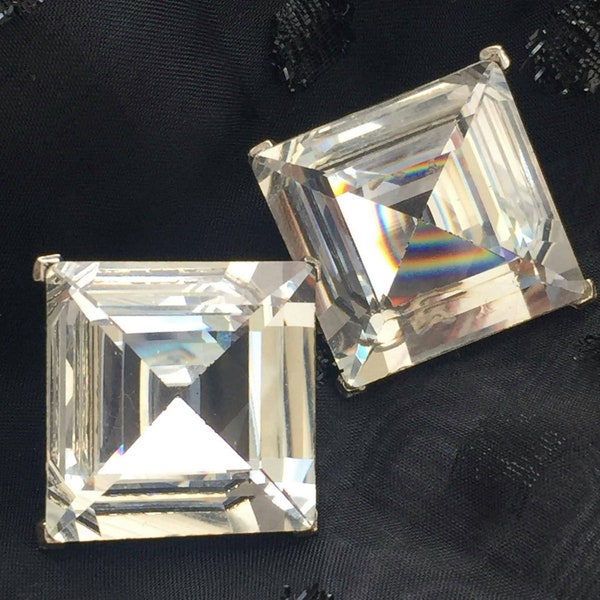 RARE! KJL Kenneth Jay Lane Earrings Couture Collection Massive Crystal Glass Princess Cut Clip-on Designer 70s Statement Runway chunky