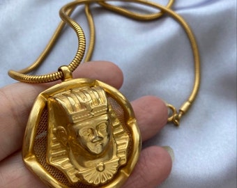 NOS 70s Egyptian Sphinx Necklace Revival Vintage Gold tone pendant statement Runway figural King Tut