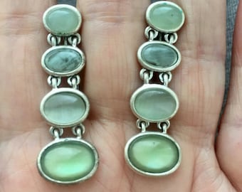 Liz Claiborne Earrings green cabochon silver Tone clip on dangle designer quality Couture Style modernist statement Runway Rare! 70s 80s