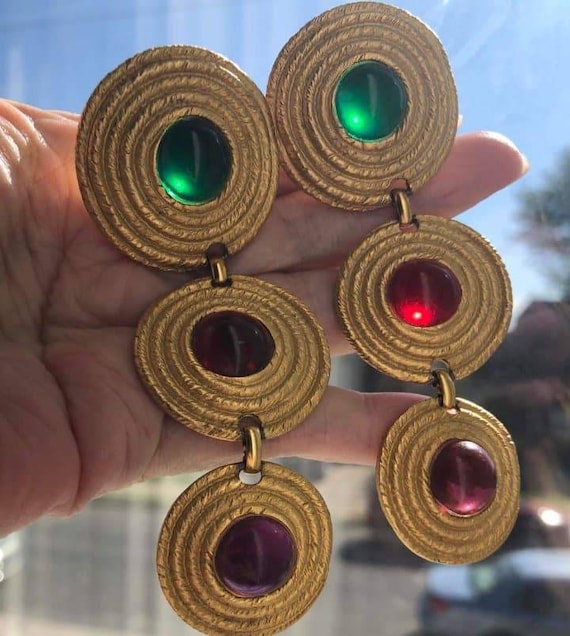 Vtg Long Round Colorful Cabochon Earrings clip on 