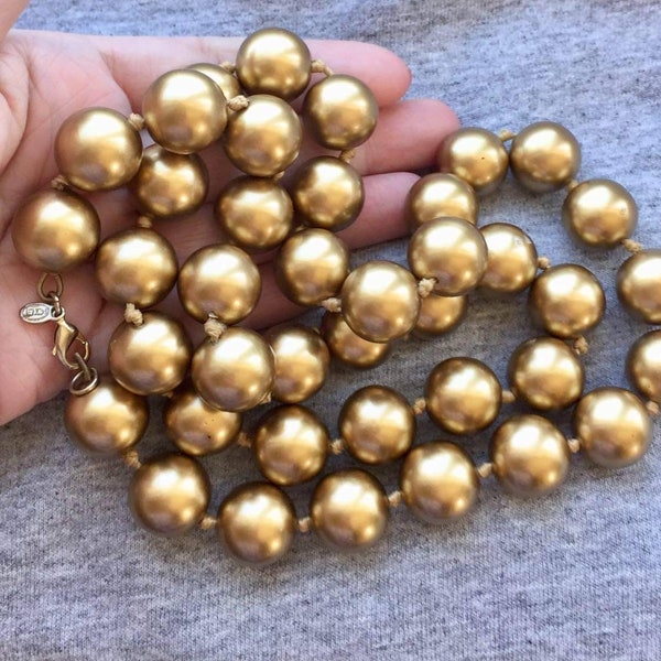 Stunning Long Monet Ball Beaded Necklace signed Vintage Classic Runway Designer Couture Matte Gold Tone Statement RARE