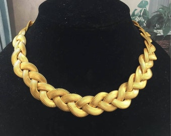 Wow! Anne Klein Textured Braided Necklace Modernist Statement Cleopatra Matte Gold Tone Chunky Choker Collar Runway Vintage 80s Rare