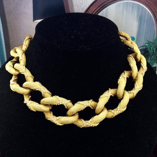 Wow! 80s Chunky Choker Collar Necklace textured big links  Statement Gold tone Modernist vintage Designer Couture signed Runway