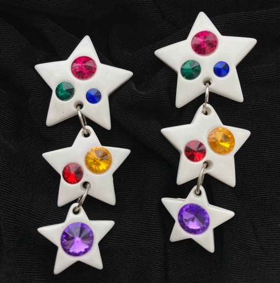 CUTE! Large Star Earrings white acrylic colorful … - image 1