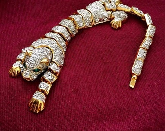 NOS Articulating Panther Pave Rhinestone Bracelet Chunky Cat Tiger Cougar Cheetah Animal Figural Gold Tone Statement Jaguar Runway 80s RARE!