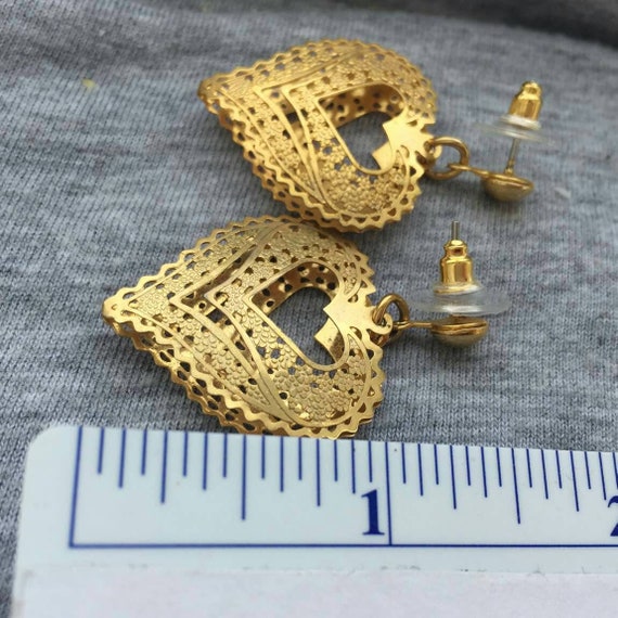 Gorgeous filigree puffed Heart  Earrings Gold Ton… - image 2