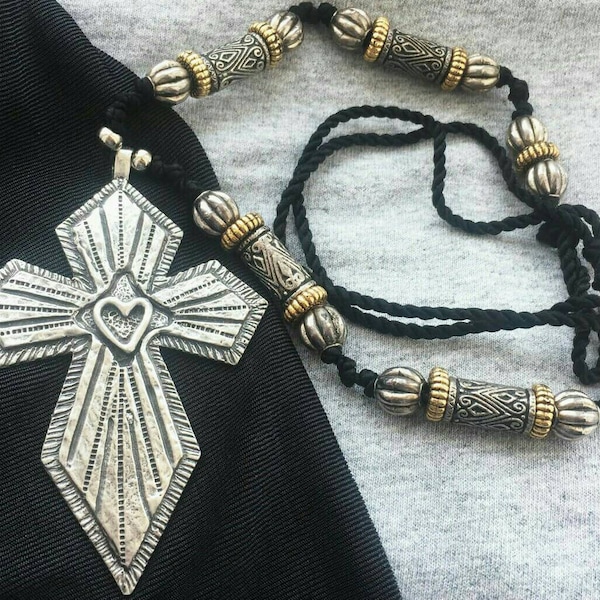 Vintage Marcie Cross Designer Necklace crucifix Pewter Pendant USA Moroccan coded adjustable Cords chunky statement jewelry Bollywood