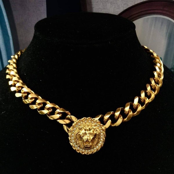 Chic! Lion head Rhinestone Necklace Cuban Chain Link Choker collar Pendant Statement Gold tone Medallion Designer Couture Leo Rare!