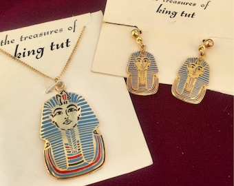 NOS 1970s Sphinx Necklace Egyptian Revival vintage Gold tone enamel pendant statement Runway figural King Tut Rare!