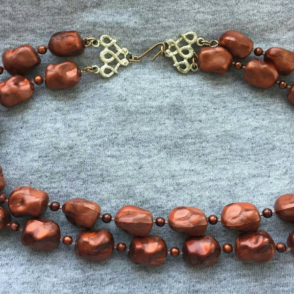 DIVINE! Double Strand Brown Nugget CHUNKY Bead CHOKER Necklace Gold Tone 1950s early Fancy Clasp Baroque nuggets Statement jewelry Rare!