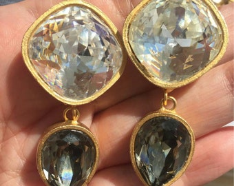 RARE! Mary Frost faceted Glass Crystal Earrings Chunky vintage smoky quartz Designer Couture dangle clip-on gold tone Runway 80s statement