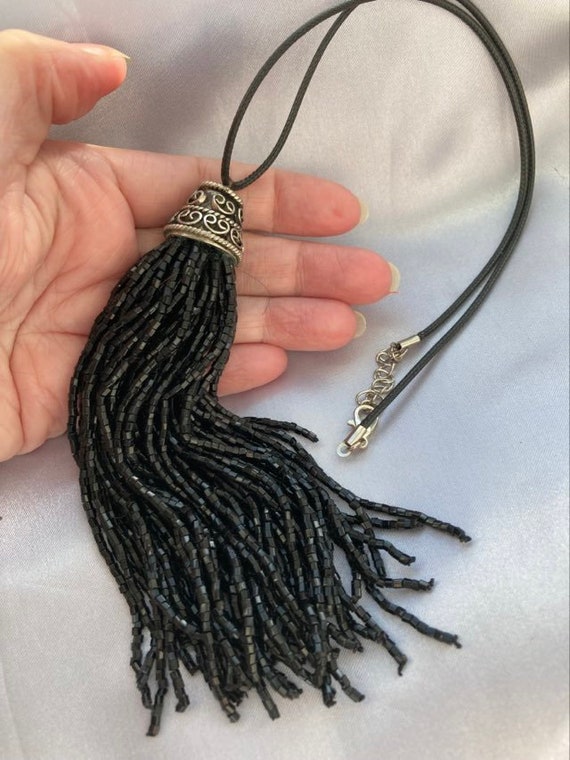 Wow Amazing Vtg Glass Bead Black Tassel Leather C… - image 1