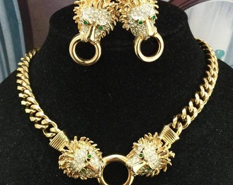 Wow Signed Craft Lion Double Headed Door Knocker Necklace Earrings Set Couture Designer Rhinestone Crystal Modernist Gold Tone Runway Rare!
