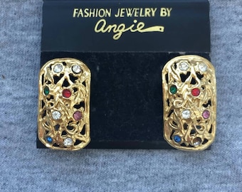 Pretty! NOS Fashion jewelry by Angie filigre colorful rhinestone Earrings Goldtone clip-on chunky bold vintage designer