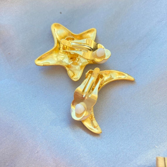 Wow! 80s Moon Star Earrings rhinestone Gold tone … - image 2