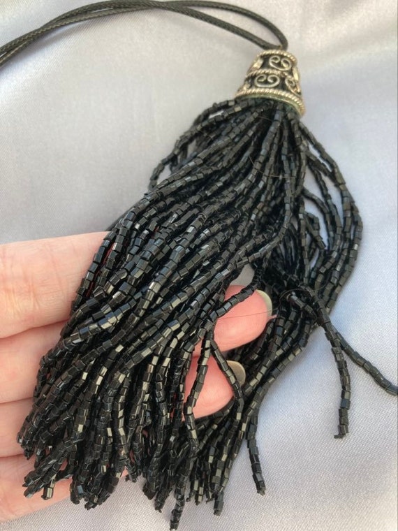 Wow Amazing Vtg Glass Bead Black Tassel Leather C… - image 2