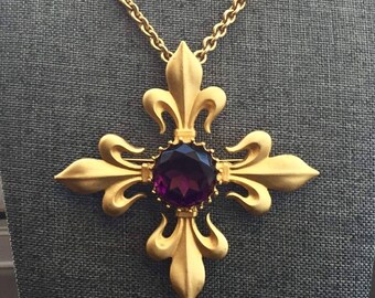 Vtg MAXINE DENKER Maltese Cross Pendant Brooch Necklace matte gold tone Chunky Jewelry Mashup Runway Gothic Goth Statement Designer SIGNED