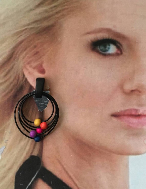 Fun! Black colorful ball hoop Earrings pierced Bo… - image 2