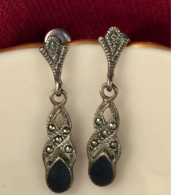 Cute! Sterling Silver marcasite black Onyx JET ar… - image 1