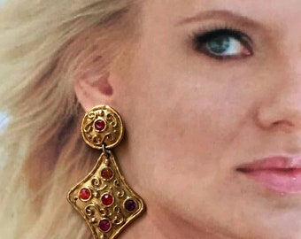 Huge! EDOUARD RAMBAUD Signed Etruscan Revival Earrings long clip on rhinestone Gold tone Vintage Runway Couture Big designer statement Rare!