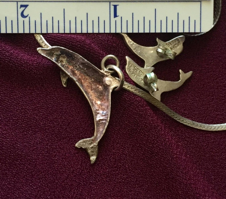 Cute Vintage dolphin Sterling Silver 925 Italy pendant necklace earrings set Beach fish vacation yacht nautical statement rare dainty small
