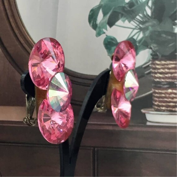 Wow Wendy Gell pink Crystal Earrings Signed chunk… - image 2