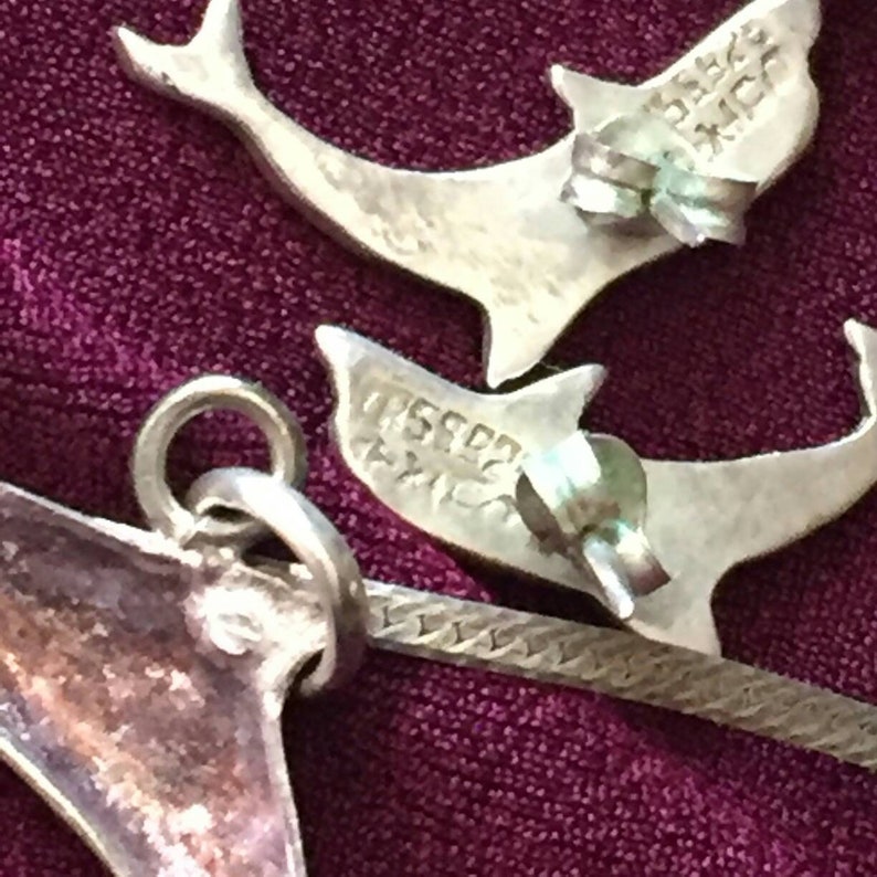 Cute Vintage dolphin Sterling Silver 925 Italy pendant necklace earrings set Beach fish vacation yacht nautical statement rare dainty small