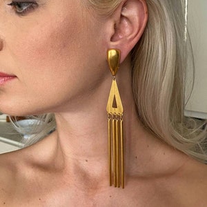 VTG! Robert Lee Morris Earrings Fringe Chandelier clip on shoulder Duster 24k Gold-plated Runway Couture Designer Statement 80s wind chimes