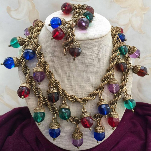 Superb! RARE Les Bernard Etruscan Necklace Bracelet Set Colorful Gripoix glass Charms Fringe 1980s Designer Couture statement Runway chunky!