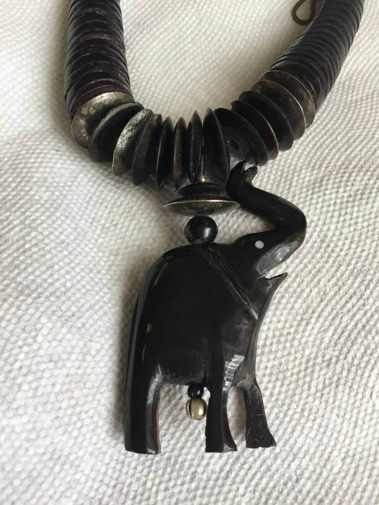 Huge Black Carved Elephant Pendant Necklace Bold Chunky with Graduated Disc Beads Safari Tribal Figural Animal Jewelry Statement vintage