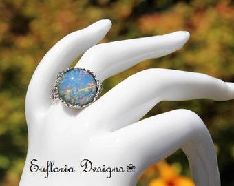 FIRE OPAL RING, Vintage Opal Ring Silver, Womans Ring, Victorian Ring, Blue Opal Ring, Statement Ring, Opal Crown Ring, Large Stone Ring