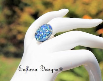 Large Blue Opal Rings for Women | Jeweled Ring, Silver Opal Jewelry, Victorian Ring, Womans Oval Stone Ring, Unique Promise Rings Handmade