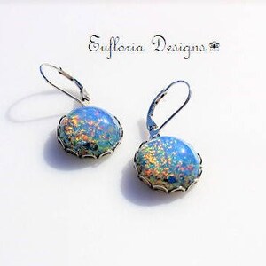 Opal Earrings Dangle | Womens Sterling Silver Earrings, Blue Opal Earrings Vintage Jewelry for Bride,  925 Leverback Earrings Something Blue