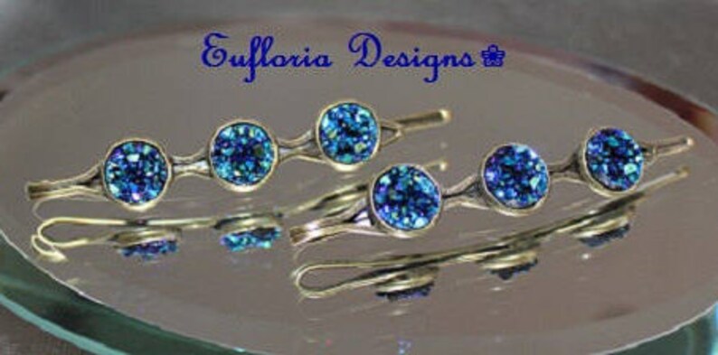 Womans Barettes Crystal Hair Pins Druzy Hair Jewelry Unique Hair Pins Bridal Something Blue Jeweled Hair Clips Womens Hair Accessories